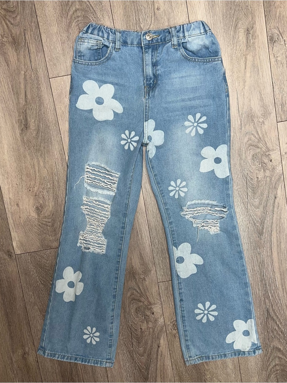 Girls Floral Flowered Blue Denim Jeans Distressed SHEIN Size 11Y